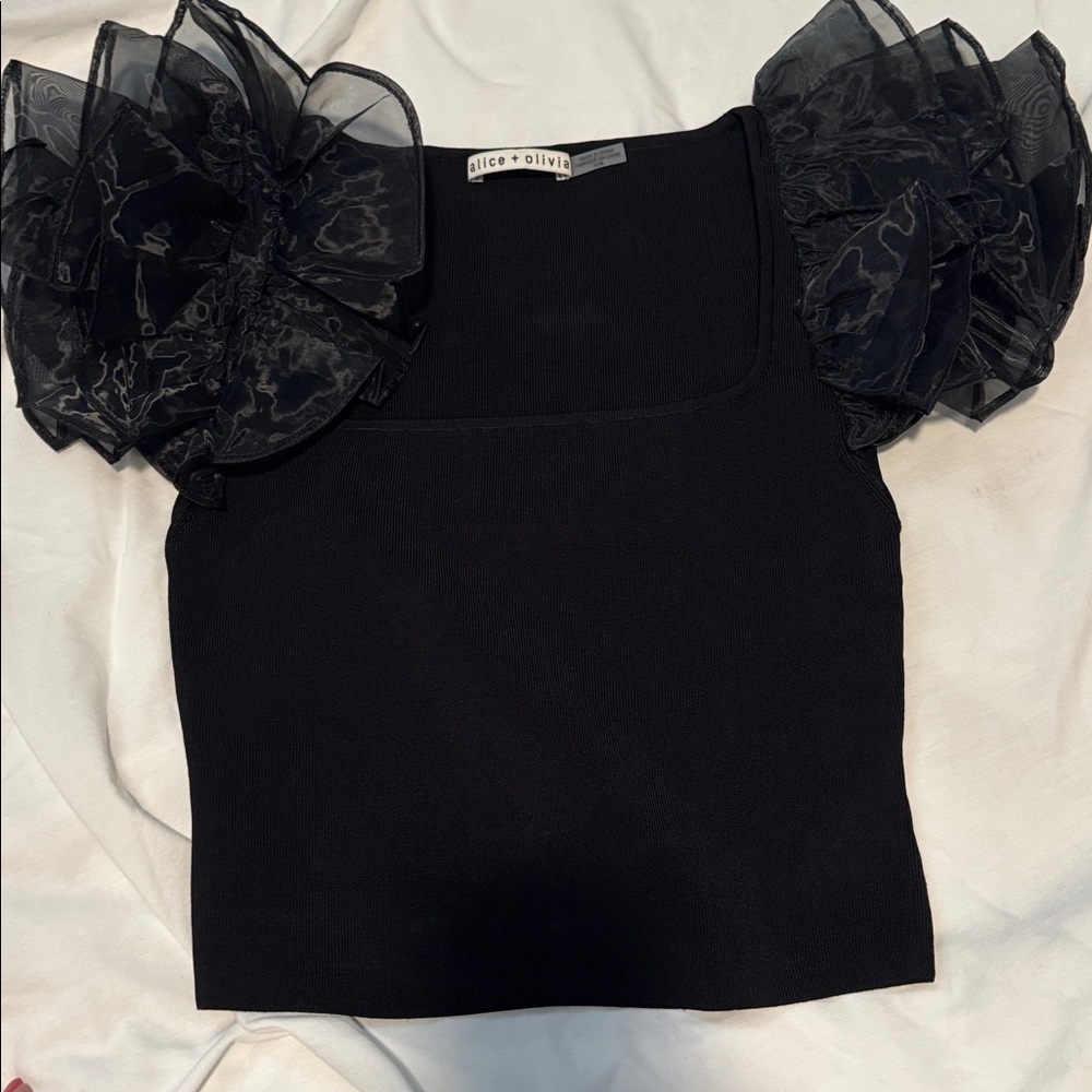 Alice + Olivia Black Top with Voluminous Sheer Sleeves